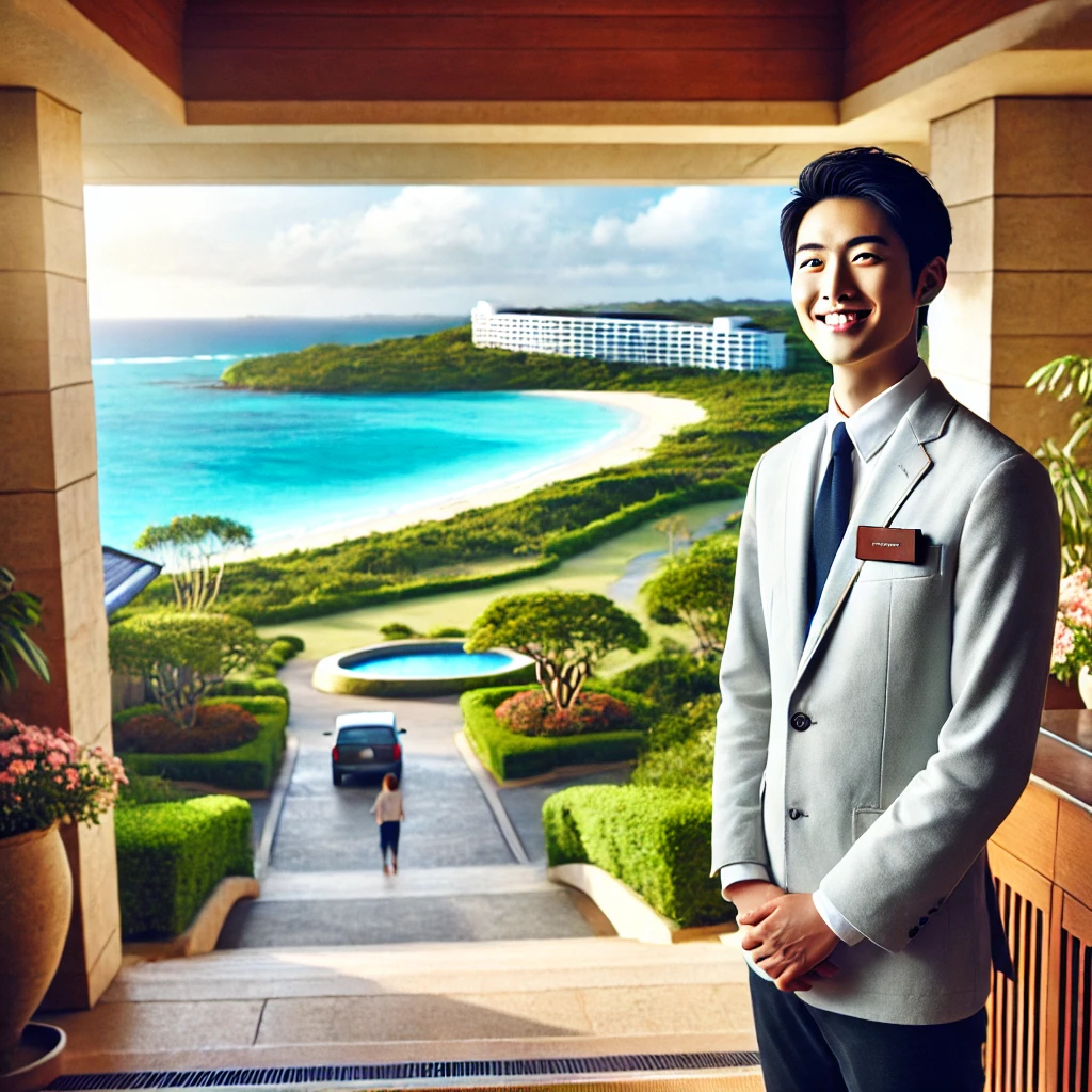 DALL·E 2024-08-26 08.01.25 - A person working at a luxurious resort hotel in Okinawa, standing near the entrance with a view of the stunning turquoise sea and lush gardens in the