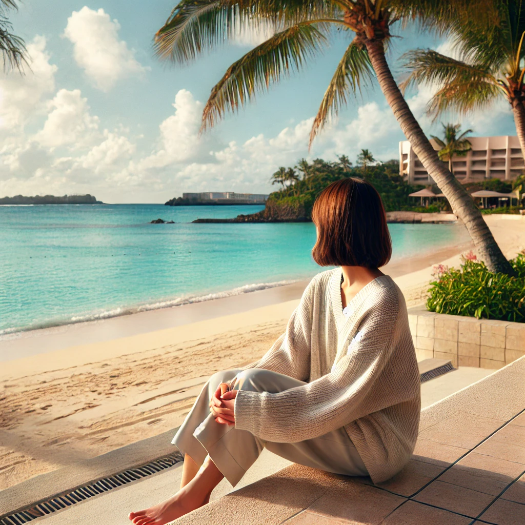 DALL·E 2024-08-27 08.27.27 - A woman sitting by the beachfront at a resort in Okinawa during winter, enjoying the view of the turquoise sea and the quiet surroundings. She is dres