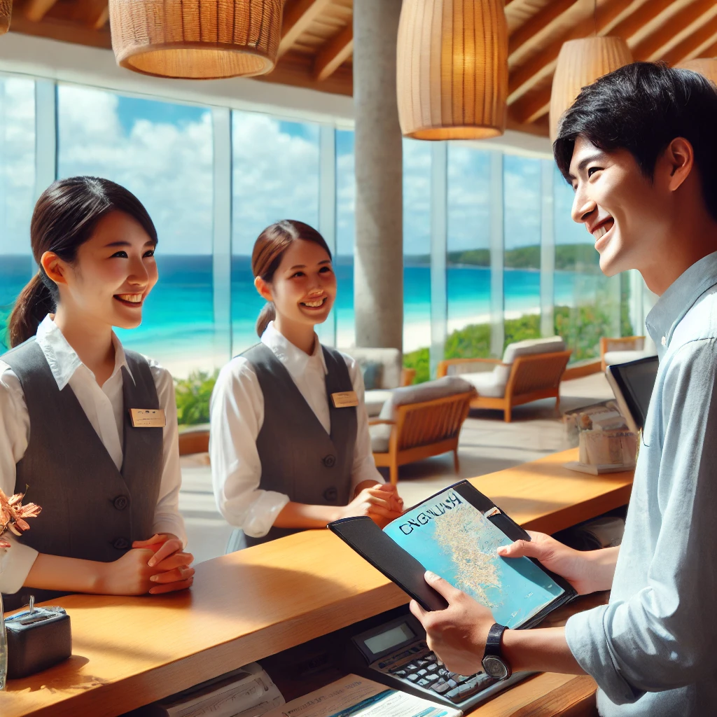 DALL·E 2024-08-27 08.40.13 - A person working at a resort hotel in Okinawa, engaging in a conversation with international tourists in English. They are standing at the front desk,