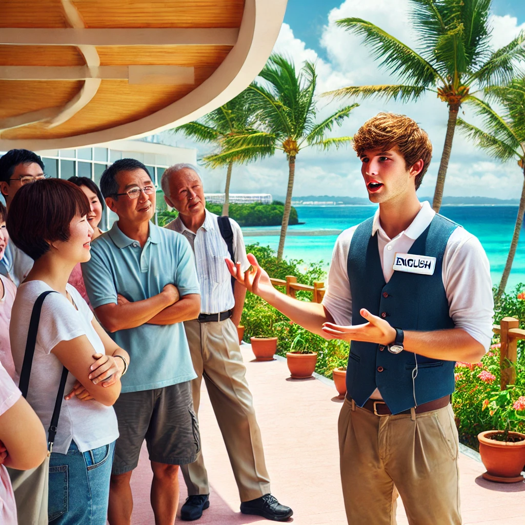 DALL·E 2024-08-27 08.40.19 - A person working as a tour guide at a resort in Okinawa, explaining a local attraction to a group of international tourists in English. They are stand